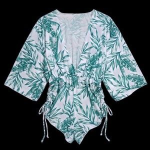 Green Tropical Palm Leaf Mesh Romper Deep V-Neck Kimono Sleeve Size L